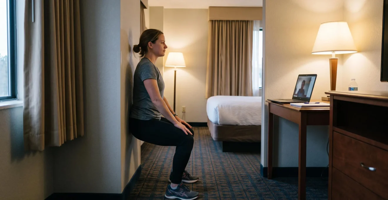 A patient does a supported squat in a hotel room during a remote physiotherapy session on a laptop.