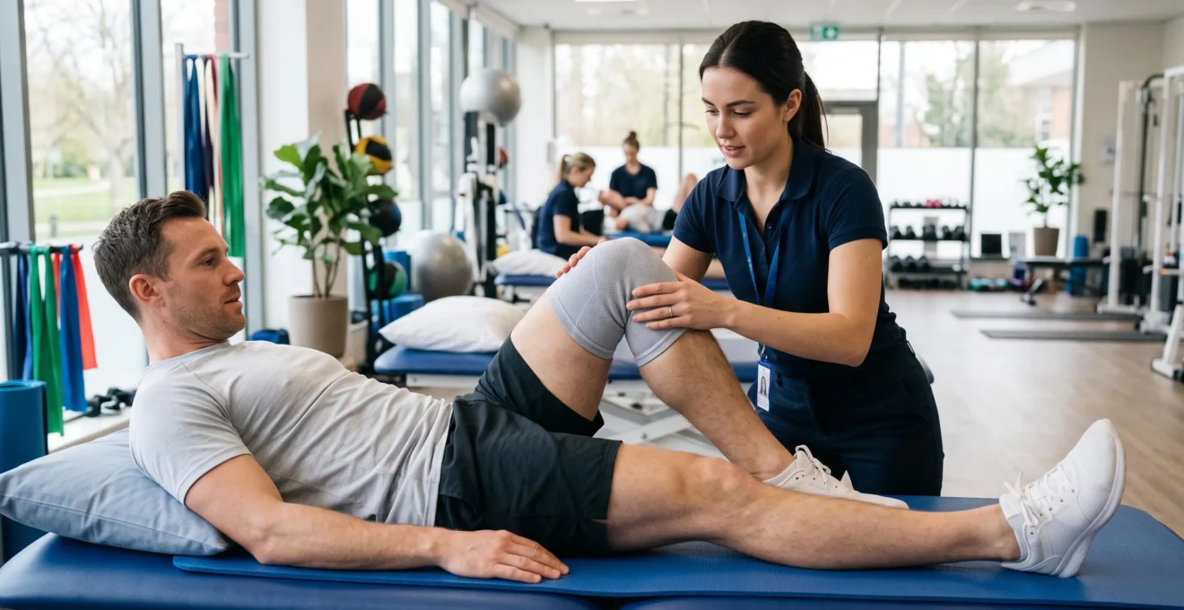A physiotherapist guides a patient bending a recovering knee on a treatment table in a rehabilitation clinic.