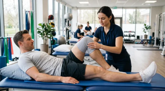 A physiotherapist guides a patient bending a recovering knee on a treatment table in a rehabilitation clinic.